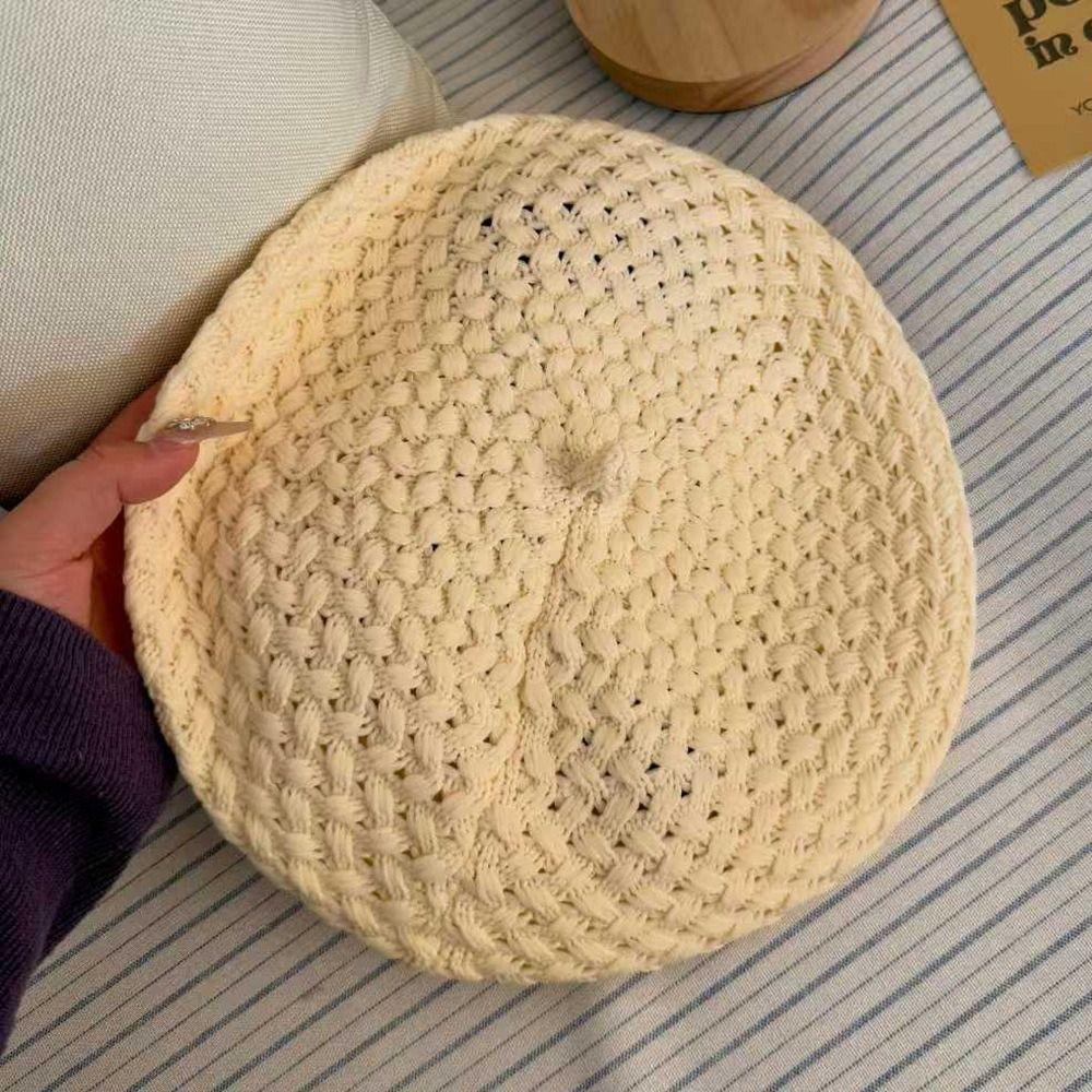 New Solid Color Knitted Beret Hat Stretch Breathable Crochet Painter Cap French Beanie Hat Women Fashion