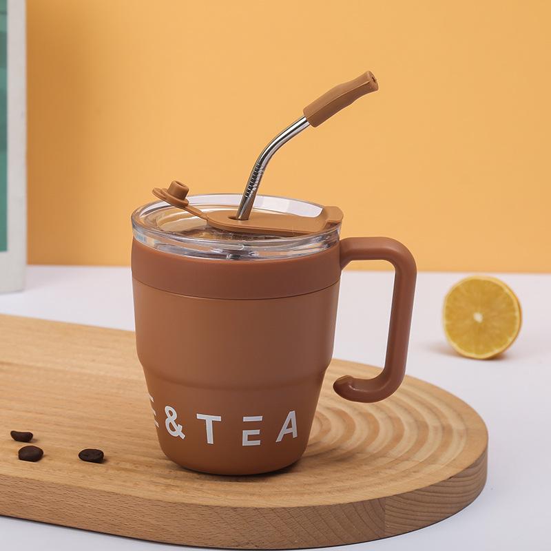 Premium Insulated Stainless Steel Straw Mug with Handle and Lid