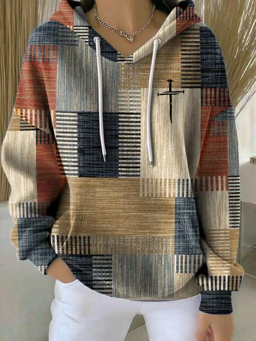 Women s V Neck Long Sleeve Patchwork Plaid Print Drawstring Hoodie Casual Pullover Sweatshirt With Cross Graphic S