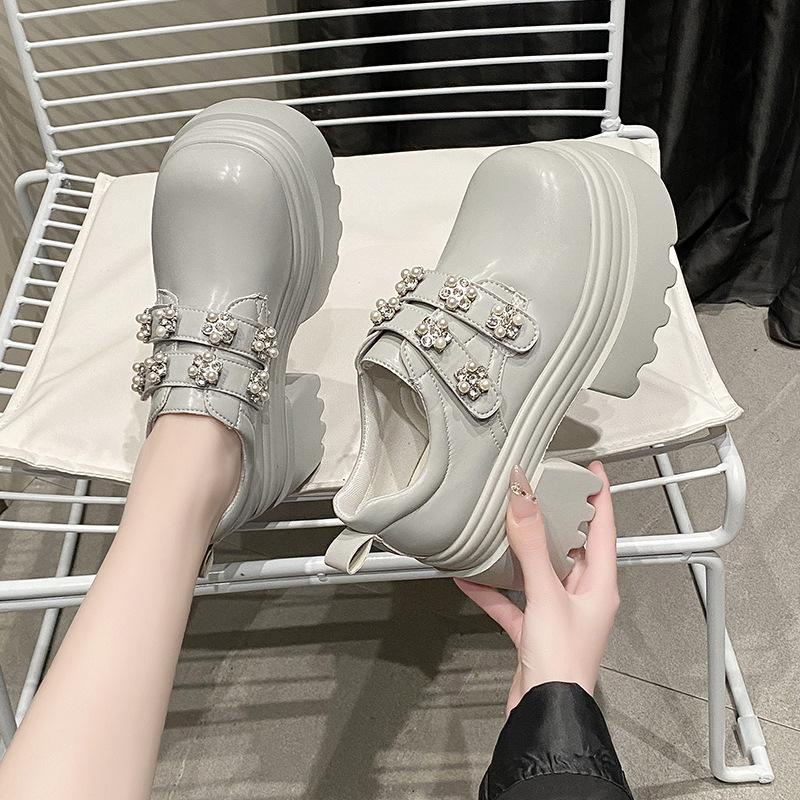 2025 Spring and Autumn New Korean Version of Small Leather Shoes Fashionable Versatile Rhinestone Flower Platform Super High Heel Single Shoes Wom