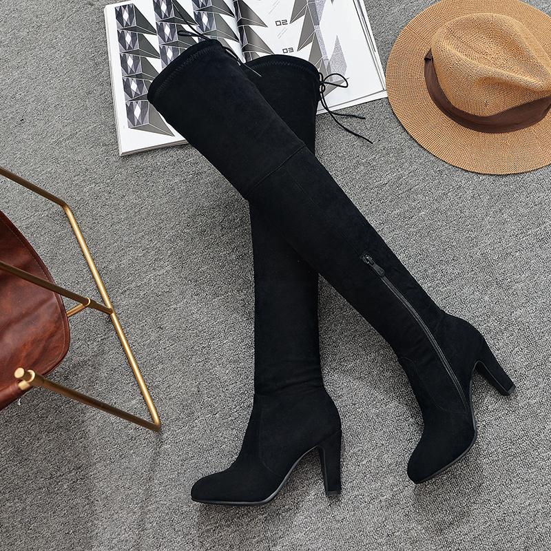 Women s high-heeled boots autumn and winter new classic thick-heeled large-size suede over-knee boots 34