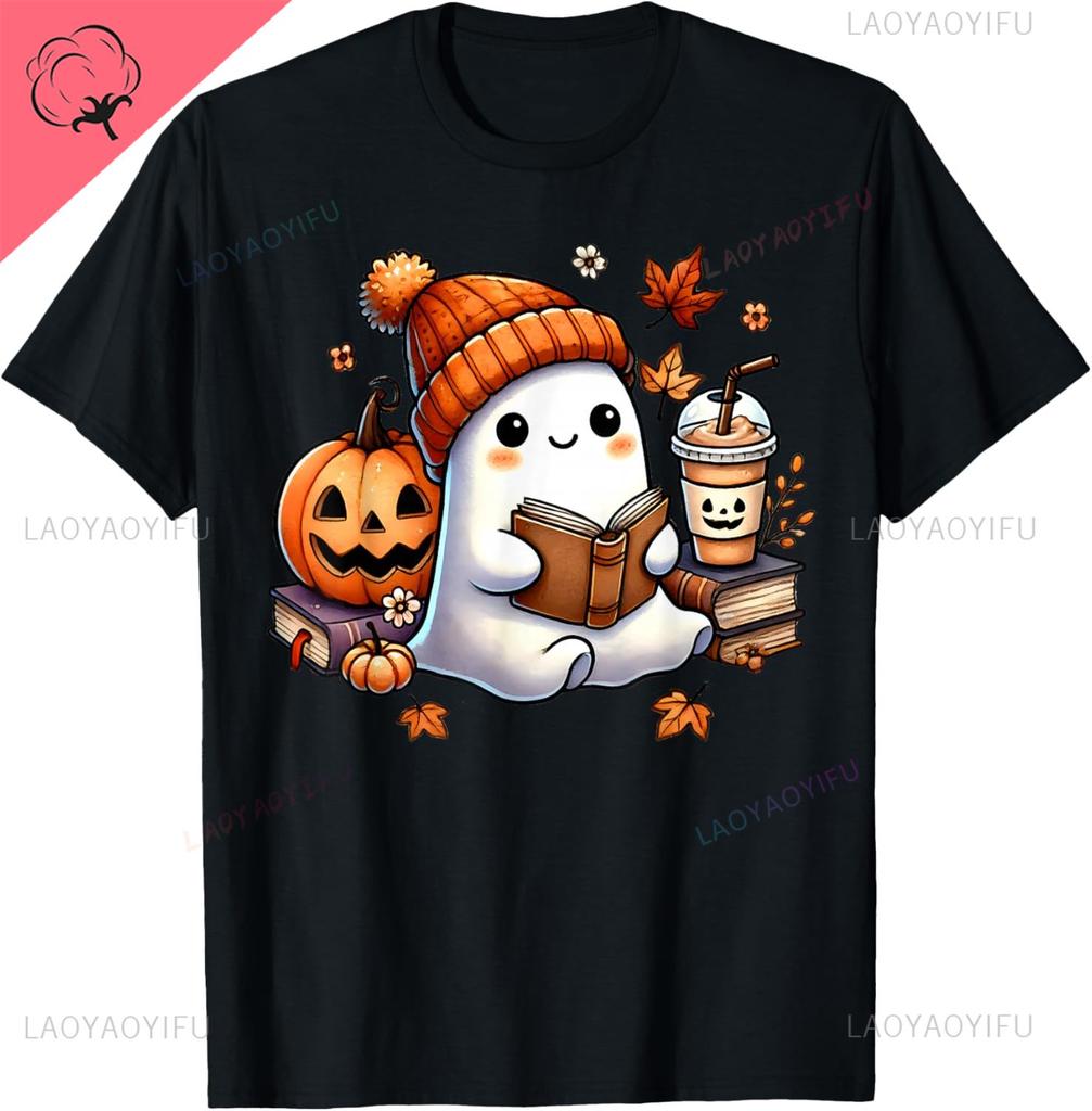 Cute Ghost Reading Book Lovers Halloween Ghost Coffee Unisex Tshirt Cotton Unisexs Tshirts Kawayi Graphic T Shirts