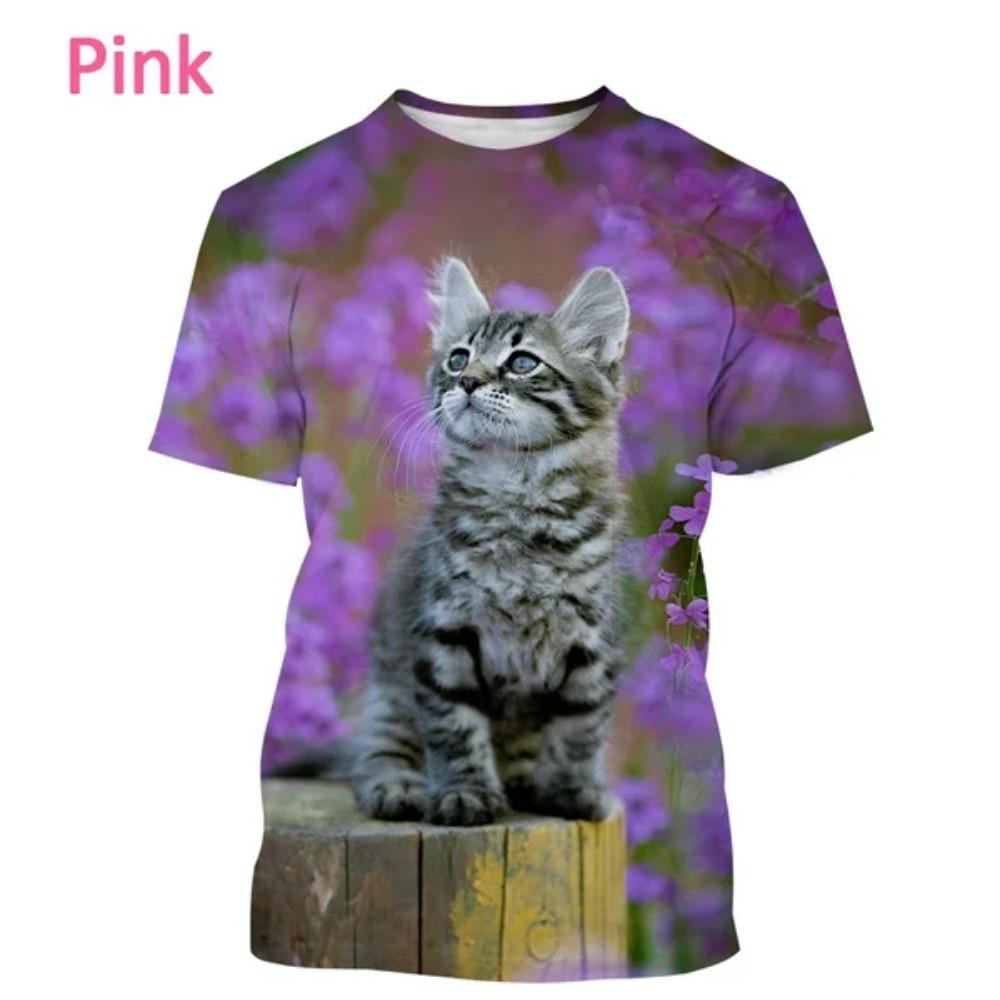Nuova Maglietta a Maniche Corte con Stampa Floreale e Gatto alla Moda da Donna, Maglietta Casual Carina, Top Streetwear Animale Harajuku