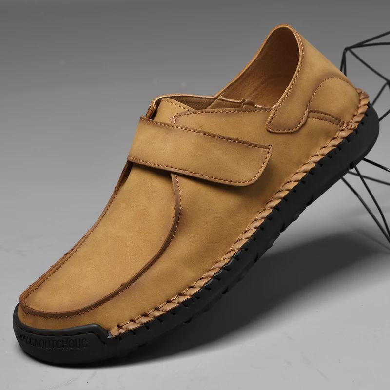 Mens Shoes All-Match Outdoors Sneakers Men Comfortable Leather Hook&Loop Casual Shoes Male Britain Version Soft Skateboard Flats