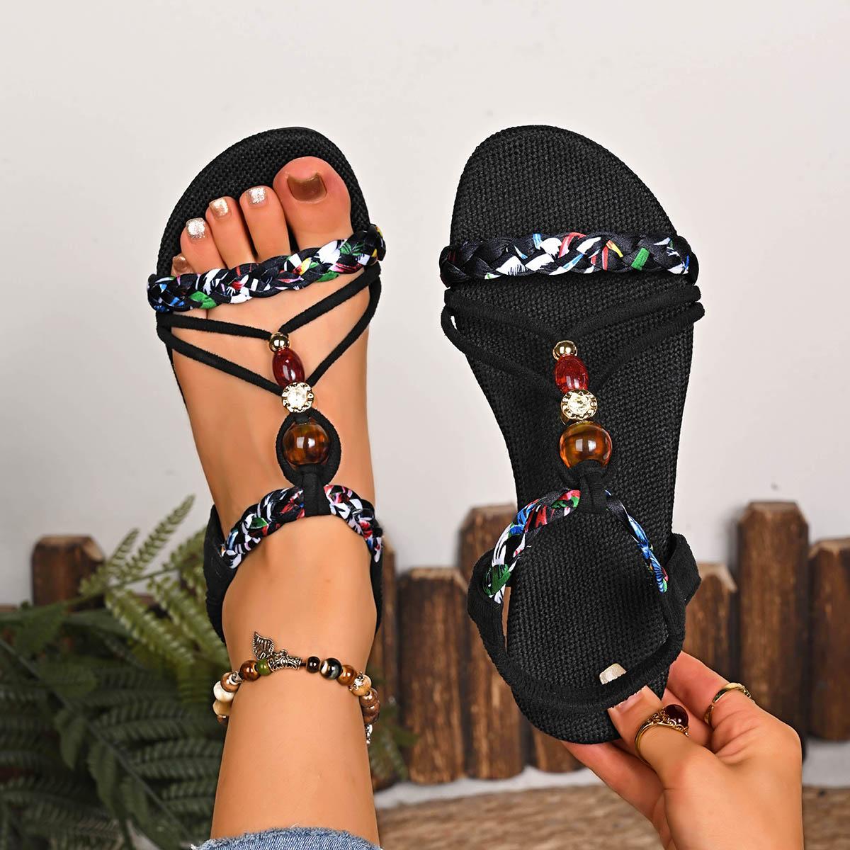 

Women Flat Sandals Fashionable Round Toe Sandals Women Bohemian Style Elastic Band Shoes Women Casual Versatile Flat Sandals 36