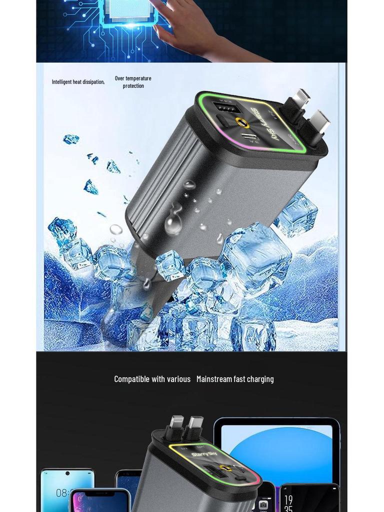 Starry Sky Multi-Function Car Charger: Dual Retractable Cables & Projector Light.