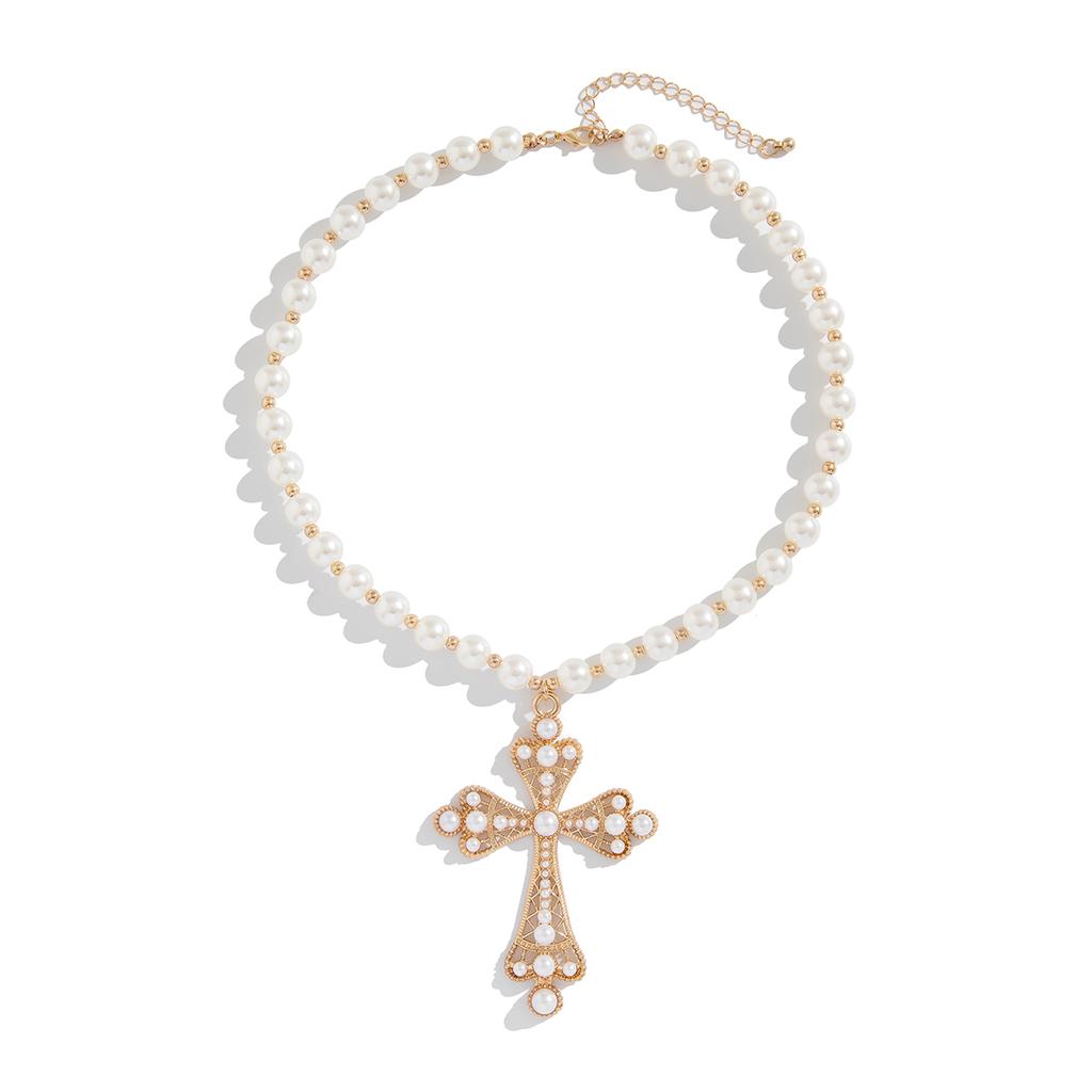 Ingemark Vintage Creative Big Imitation Pearl Jesus Cross Pendant Choker Necklace for Men Luxury Adjustable Chain Grunge Jewelry