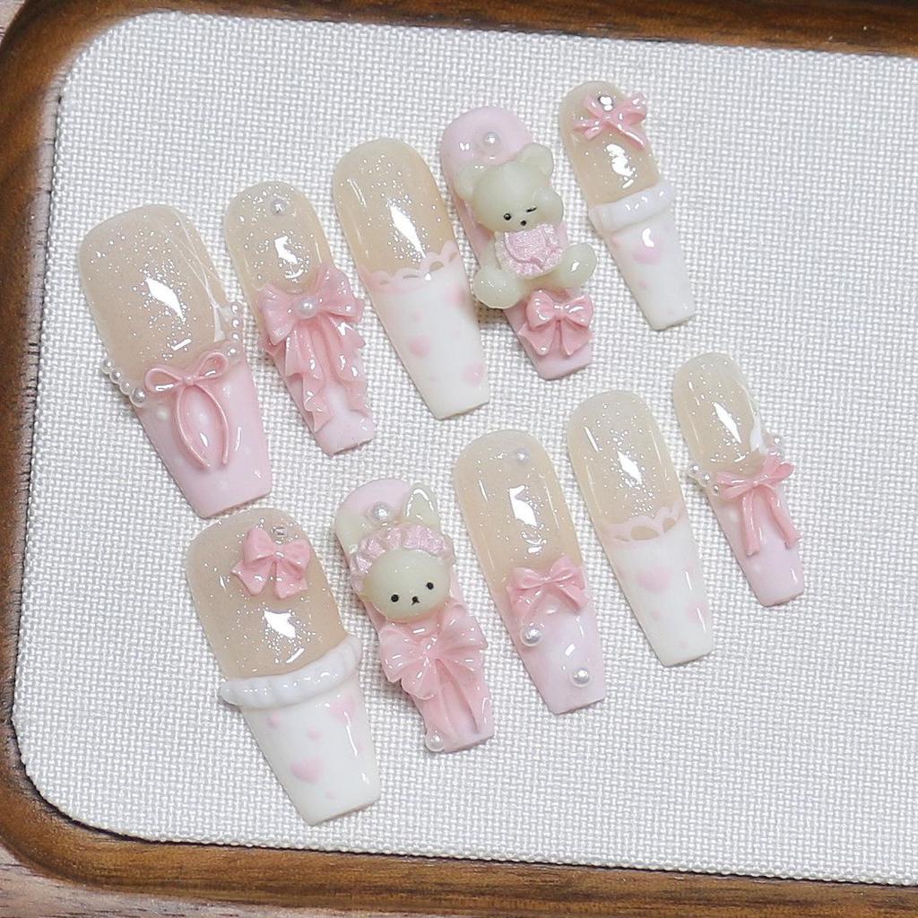 Handmade Pink Candy Bear Nail Patches - Cute, Long Style for Girls
