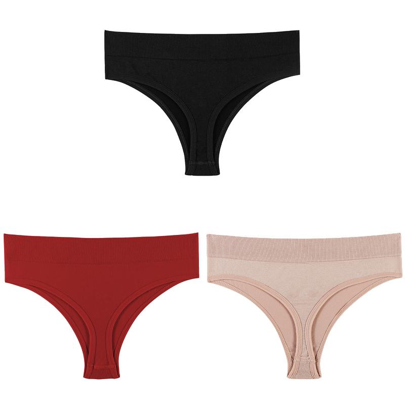 Women Solid 3PCS/Set Panties Sexy Middle Waist G-String Thong Femal Soft Nylon Lingerie Stretch T-Back Thong Underwear