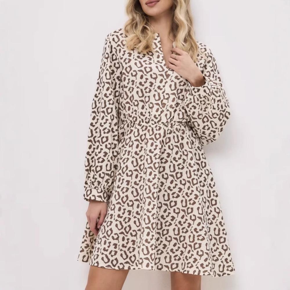 Abito lungo con stampa leopardata in cotone europeo e americano, sciolto, con lacci, a maniche lunghe, abbigliamento donna