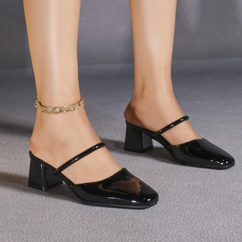 Летние женские мюли на каблуке слипоны модный бренд женские туфли для платья квадратный каблук 5 см черные красные большой размер 42 39 чёрный 2070₽