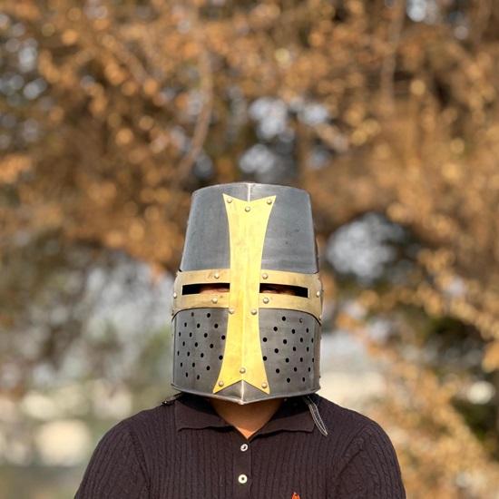 Templar Grey Crusader Knight Helmet Medieval Great Helm, Larp Cosplay, Handmade Steel, Brass Collectible Gift
