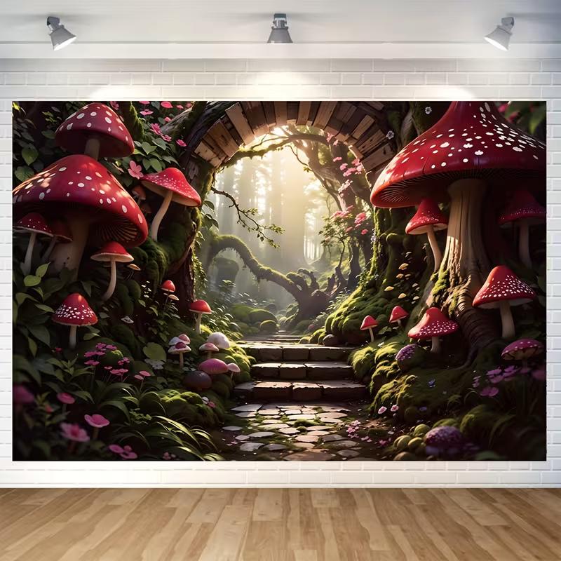 

2D Fairy Tale Mushroom Forest Backdrop, Magical Red Toadstool Woodland Path Background Banner 47.2x31.5inch/120*80cm
