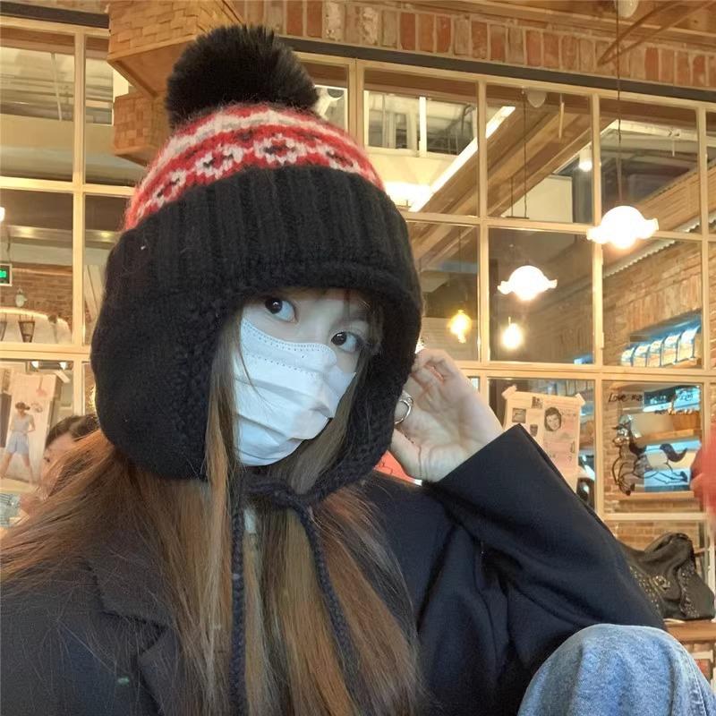 Fair Island contrasting color knitted wool hat women's season versatile big head circumference showing face small ear protection warm pullover hat