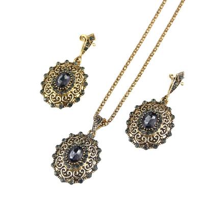 Gold Color Retro Vintage Bohemia Women Jewelry Sets Antique Crystal Drop Earring Necklace Bijoux Gift