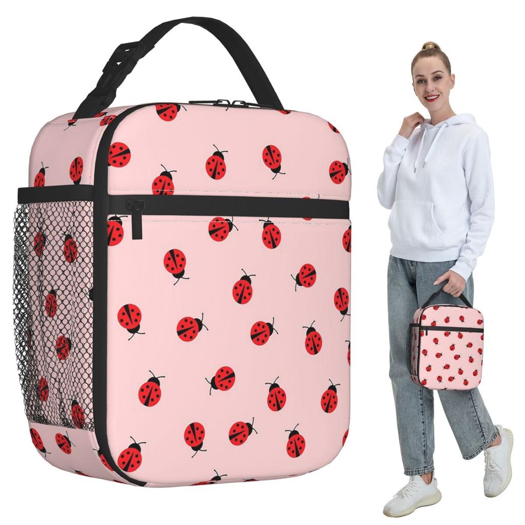 Cute Ladybug Pattern On Pink Background Insulated Lunch Bag for Kids School Cooler Thermal Food Box Tote Lunch Boxes Container