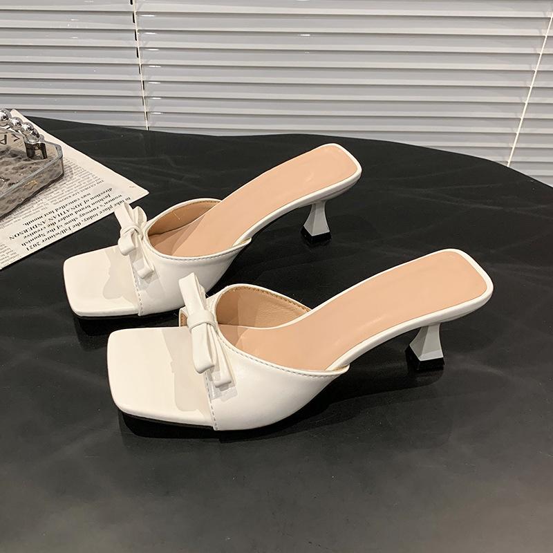 2025 Summer Square Head Open Toe Solid Color Bow Thin Heel Simple Versatile Women's High Heel Cool Slippers
