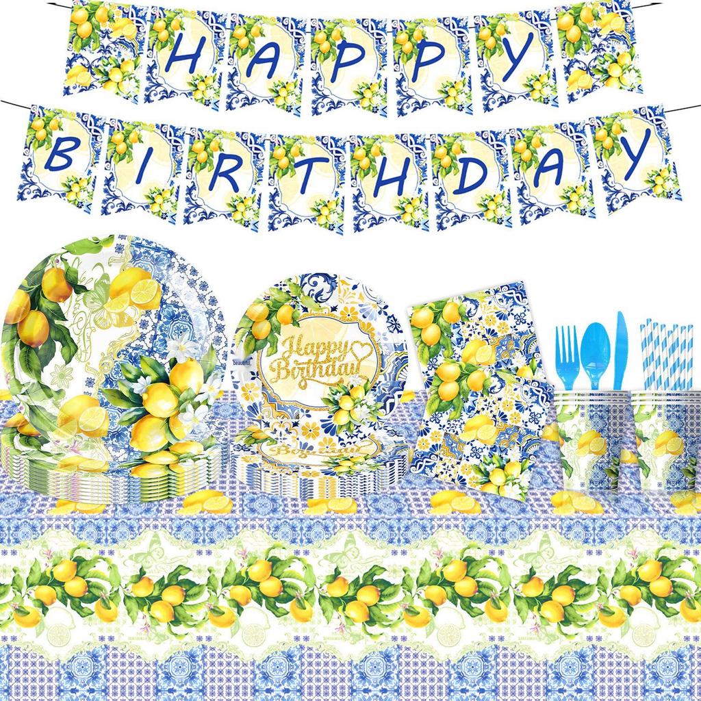 Summer Lemon Bridal Shower & Wedding Disposable Tableware Set: Tablecloth, Napkins, Plates, Decorations