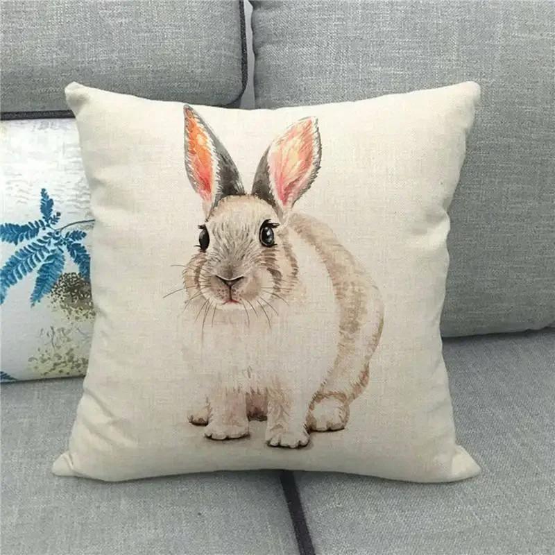 Easter Cushion Cover Cute Bunny Eggs Printed Pillow Covers 18x18 Inches Easter Decorations Hare Rabbit Flower Linen Pillowcase