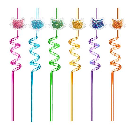 6 Piezas Pajitas de Lentejuelas de Animales de Dibujos Animados Gato Amor Corona Conejo Decoraciones con Forma de Fruta Pajitas Espirales de Plástico para Decoraciones Suministros de Fiesta para Niños