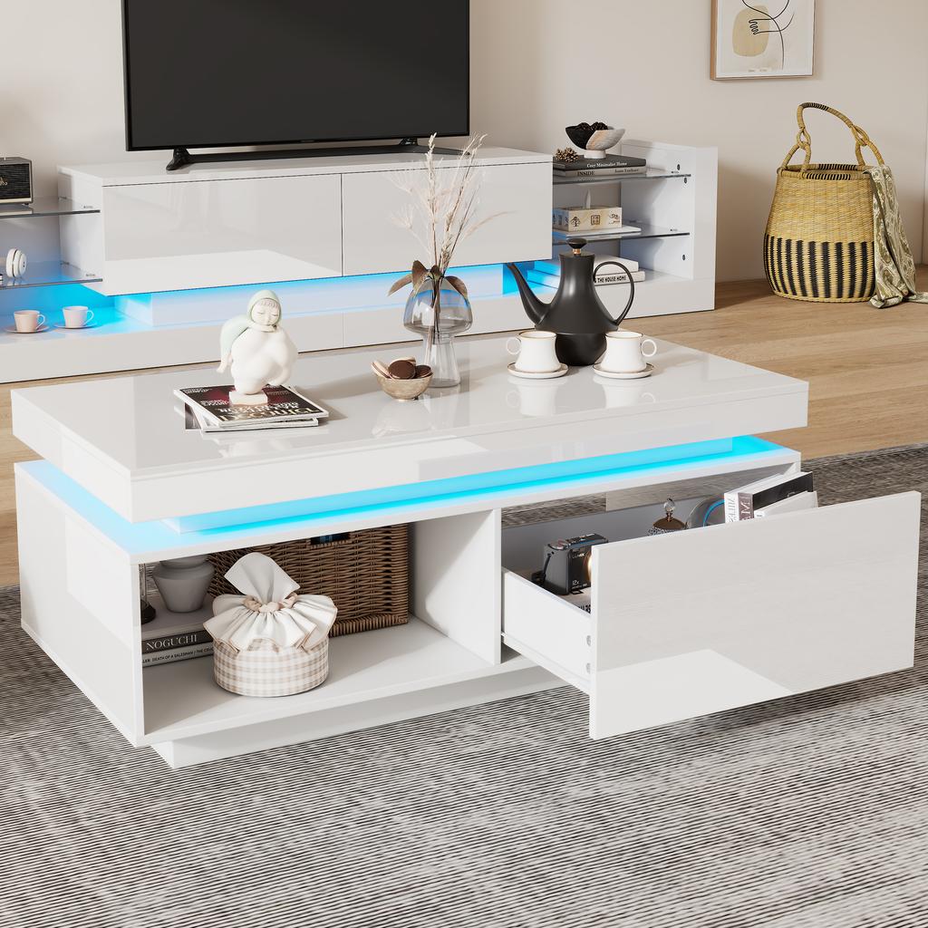 Moderner Hochglanz-Couchtisch mit LED-Beleuchtung, 100x50x40,3 cm – Eleganter Tisch mit Schublade und 50 kg Tragfähigkeit