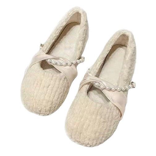 Flat-soled Fluffy Shoes, New Autumn and Winter Outer Wear Cotton Shoes, Warm and Velvet Beanie Shoes, Single Shoes