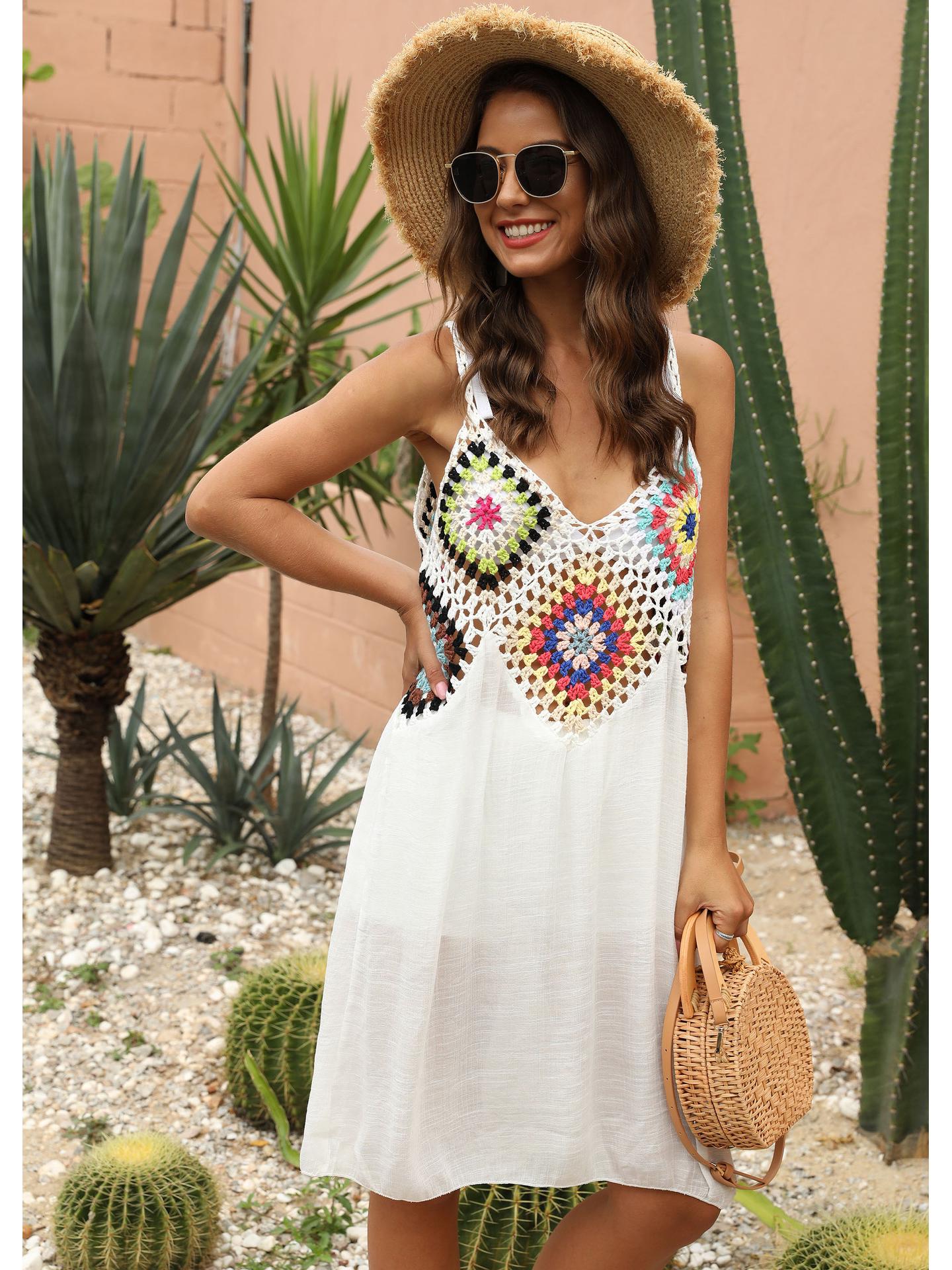 

Женское вязаное крючком платье-накидка для пляжа без рукавов в стиле пэчворк с цветами One Size белый