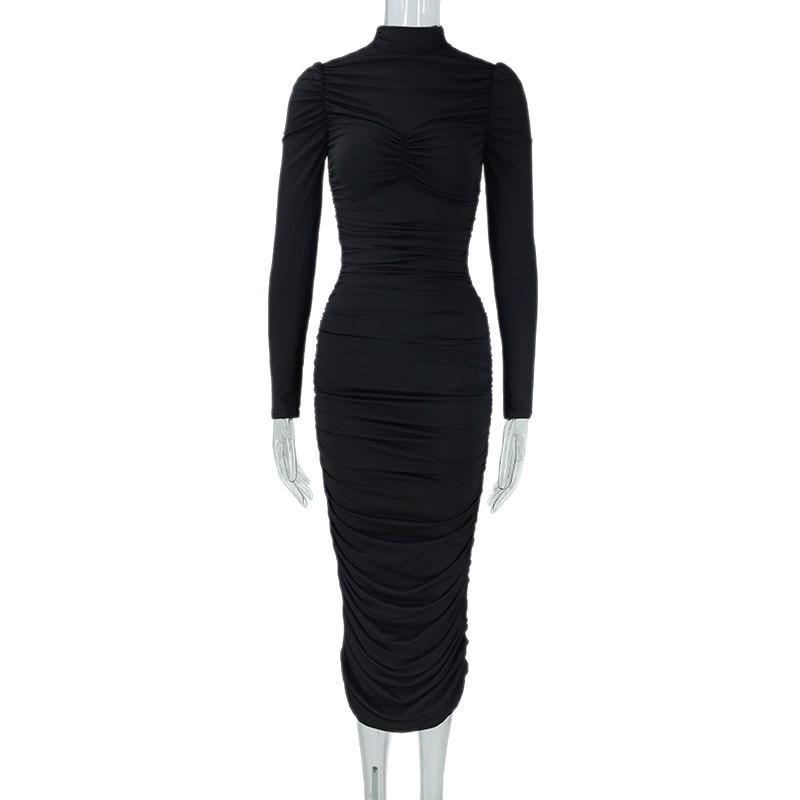 Autumn Women's Temperament Celebrity Private Clothing Stand-up Neck Long Sleeve Waist Slim Wrap Hip Pleated Niche Dress