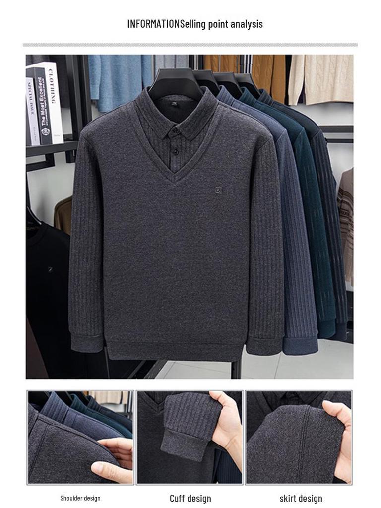 2025 Men's Winter Long Sleeve Lapel Knitwear - Thickened Two-Piece Style, Plus Velvet, Warm Base Layer for Middle-Aged Fathers