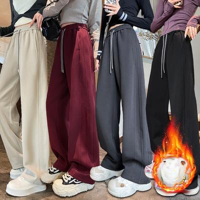 High Waist Narrow Version of Women Plus Fleece Thick Straight Leg Pants Casual Splicing Warm Thin Wide Leg Pants