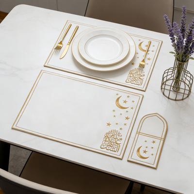 1 Set Stern-Mond-Eid-Platzset aus Kunstleder, bestickt, wasserfest, mit Besteckhalter, Untersetzer für Ramadan-Essen, Heimdekoration für islamische Feiertage und Partys