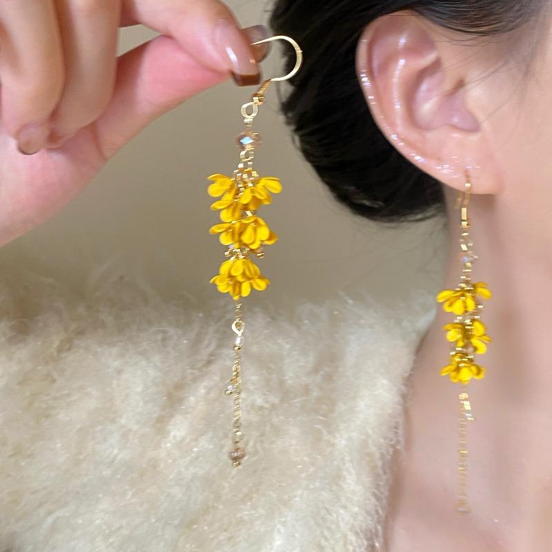 Golden Autumn Dangui Long Tassel Flower Mori Sweet Niche Design Earrings Ear Hooks Mosquito Coil Disc Ear Clips Women