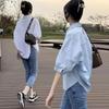Women Blouses Elegant Streetwear Office Casual Loose Button Up White Blue Long Sleeve Vintage Oversize Shirt Tops