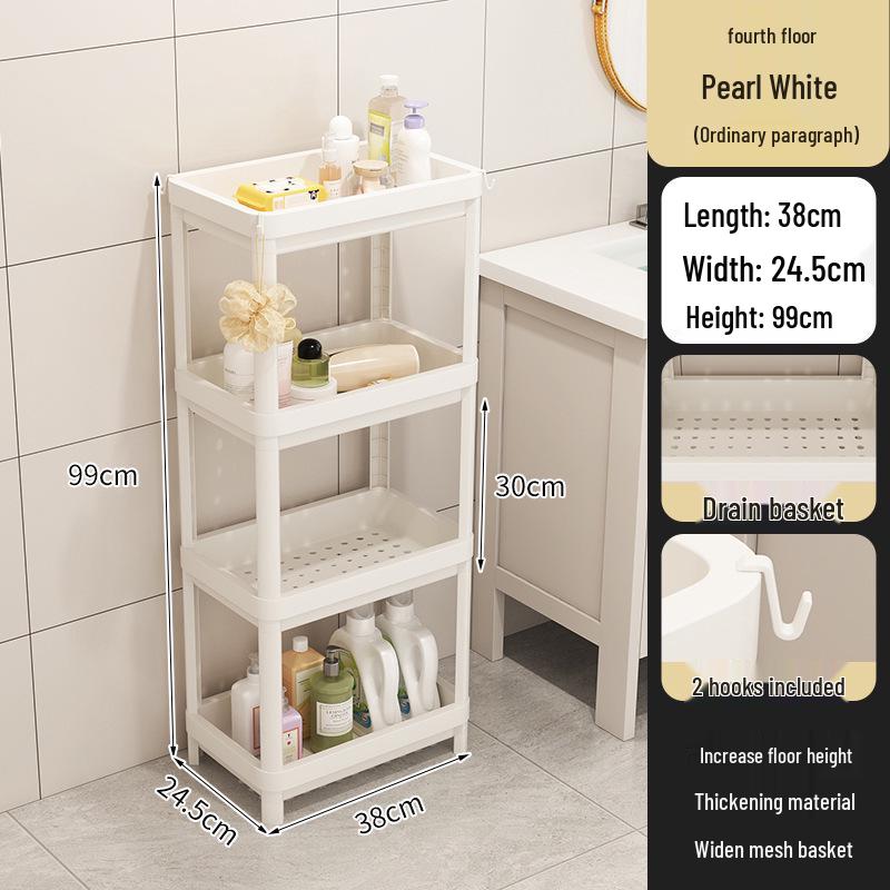 Vícepatrový koupelnový úložný vozík na kosmetiku a svačiny, stojící na podlaze