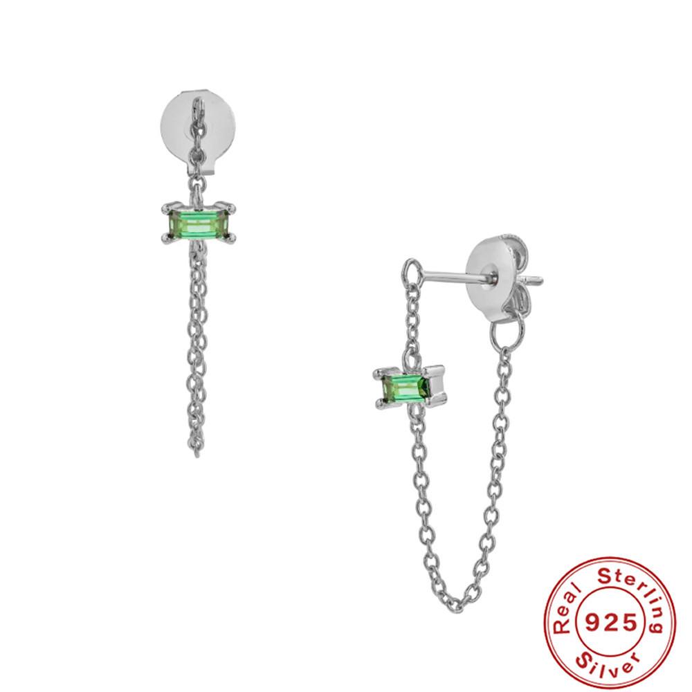 Suivez la tendance S925 Argent Sterling Chaîne simple Chaîne Boucles d'oreilles puces Zircon carré fin Écouteurs fins
