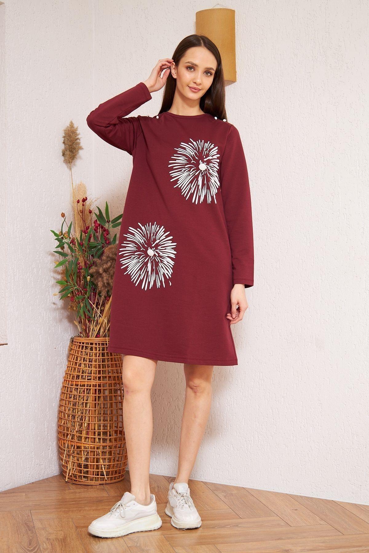 

Women s Style Plus Size Tunic Claret Red Printed Button Detailed Tunic Dm60346 L