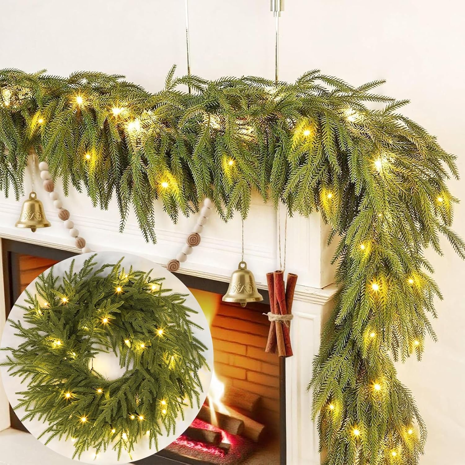 

6 Ft Pre-lit Christmas Garland Norfolk Pine, 120 Tips, Timer, Real Touch Cedar, for Table, Mantle, Fireplace 6 Ft 30 LED