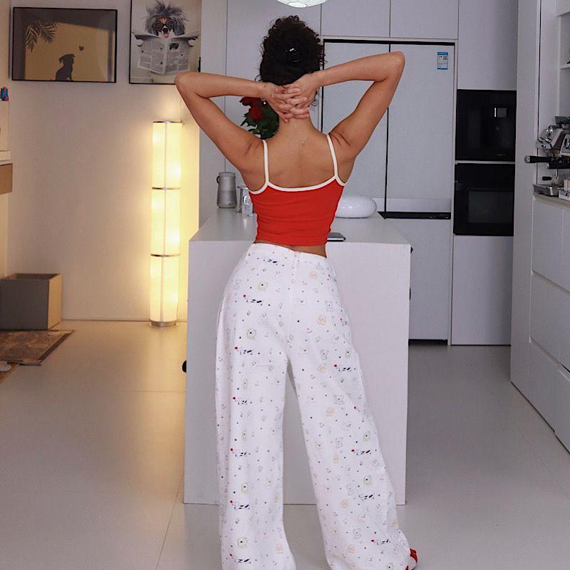 Akiyo Studio Western Style Gyaru Print Casual Straight Pants Women Design Casual Slimming Wide Leg Pants