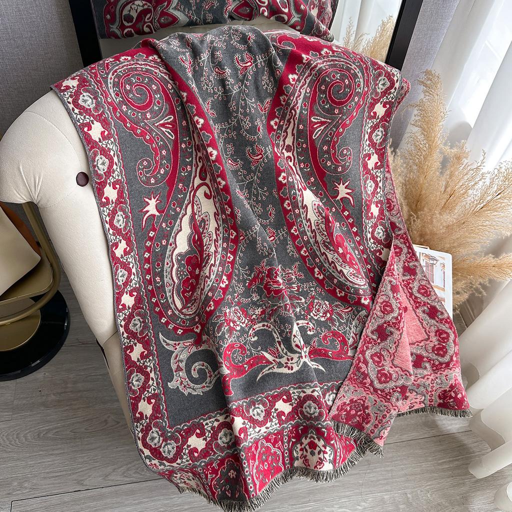 Tjock halsduk i imiterad kashmir för damer, vinter, dubbelsidig, kontrastfärg, jacquard, cashewmönster, retro etnisk stil sjal