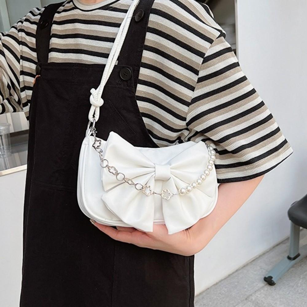 PU Leather Women Underarm Bag Solid Color Bow Handbag Fashion Bowknot Shoulder Bag  Office Worker