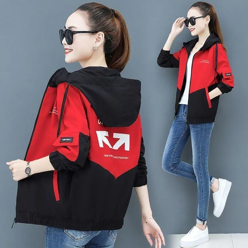 Women's Spring and Autumn Loose Hooded Trench Coat Printed Design Color Clash Jacket