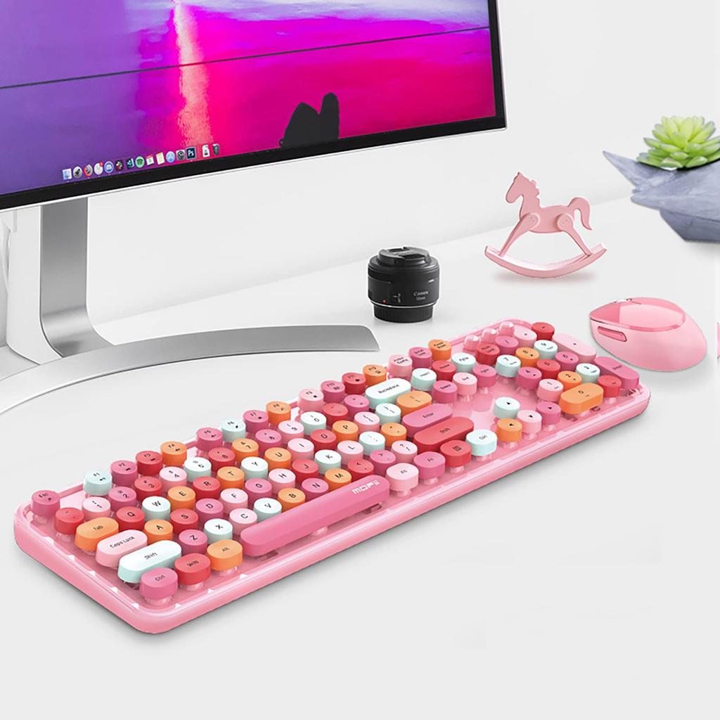 USB Wireless Keyboard and Mouse with Multicolor Round Cute Candy Compatible with Laptops and PCs 2.4G Typewriter-Style Keycaps, Colors, (Pink 2)