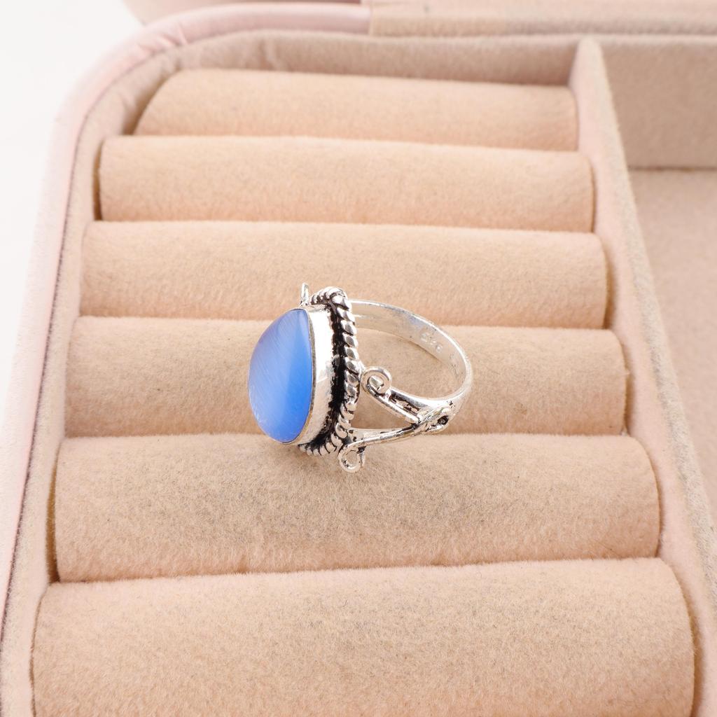 Dark Blue Cat's Eye Gemstone Ring, 925 Solid Sterling Silver Designer Jewelry, Handmade Spiritual Ring Gift For Sister