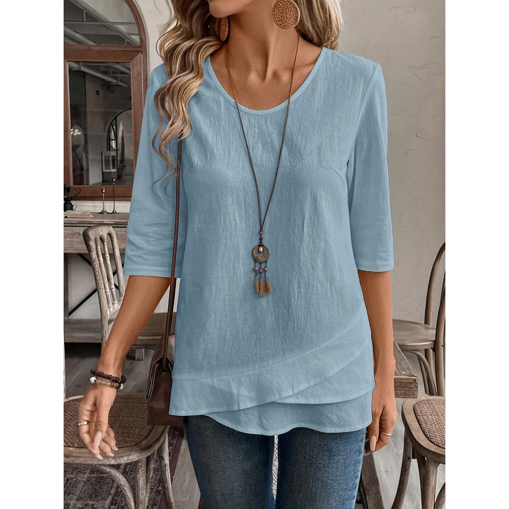 Ladies' Detail V-neck Patch Splicing Design Solid Color Shirt