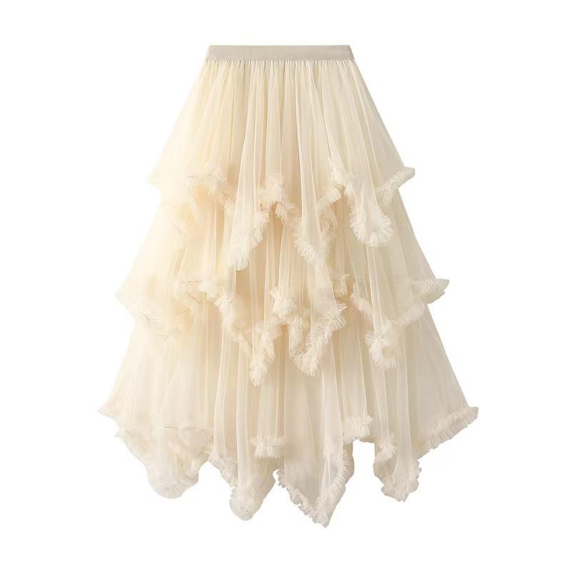Women's 2024 Summer High-Waist Mesh A-Line Ruffled Skirt - Irregular Mid-Length Niche Style