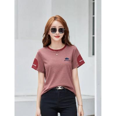 Neues Mode-T-Shirt für Damen mit englischer Buchstabenstickerei, Rundhalsausschnitt, Kurzarm, Lässig, Vielseitig, Normale Schulter, Gestreiftes Oberteil