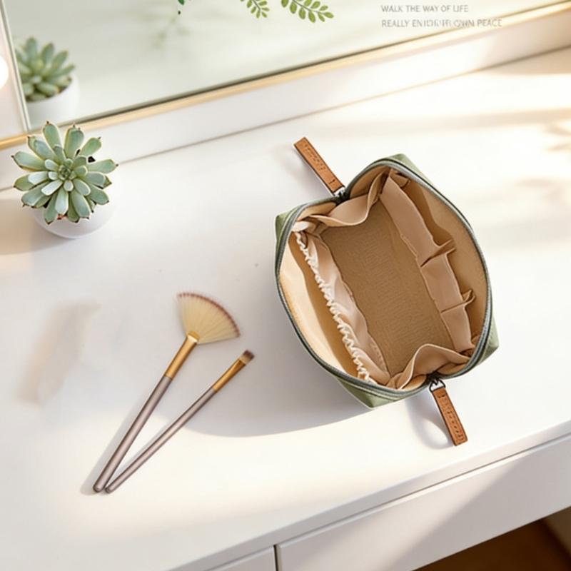 Travel Makeup Bag Smooth Nylon Cosmetic Case with Top Opening for Bathroom Counter Storage and Daily Personal Care Use