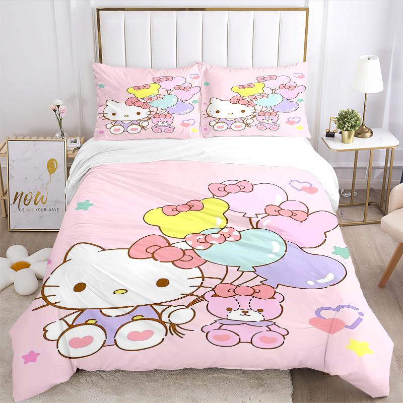 3pcs Bear Balloon & Hello Kitty Sanrio Print Bedding Set (1 Cover + 2 Pillowcases, Without Inserts), Soft and Comfortable W007