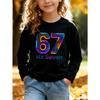 Unisex Kids White Long Sleeve Tee For 4-12 Boys Girls Tech Circuit Neon Gradient 3D Number 67 Six Seven Text Print Soft Cotton Long Sleeve Top