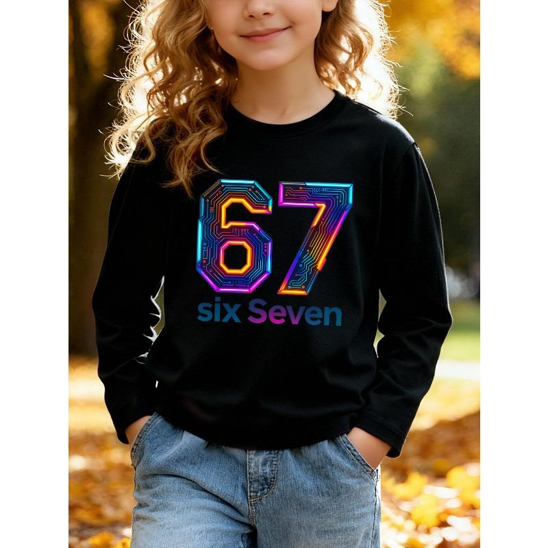 Unisex Kids White Long Sleeve Tee For 4-12 Boys Girls Tech Circuit Neon Gradient 3D Number 67 Six Seven Text Print Soft Cotton Long Sleeve Top